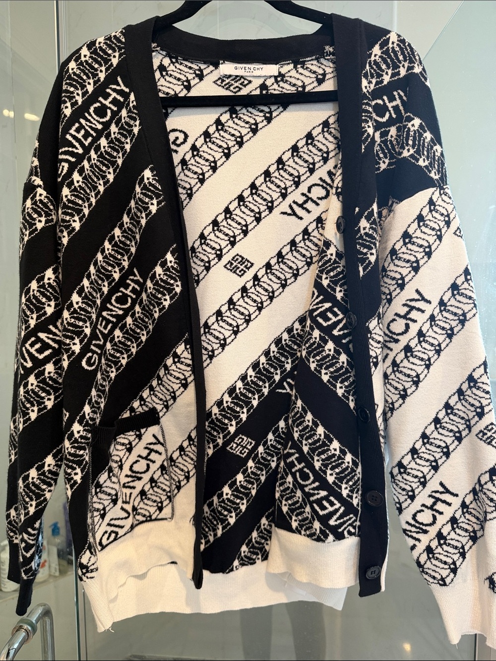 Givenchy Black & White Logo Pattern Knit Cardigan 100% cotton